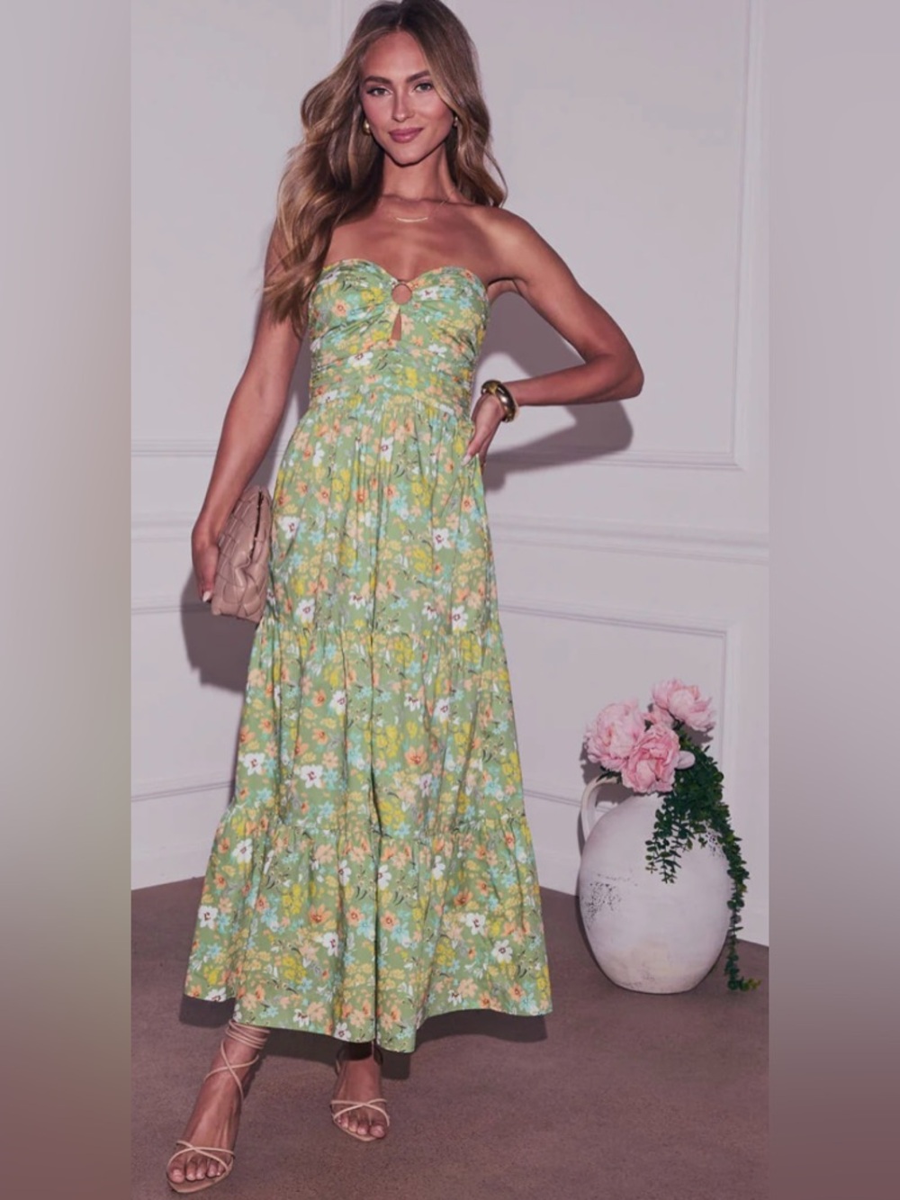 Vici Strapless Green Floral Maxi Dress woman’s large